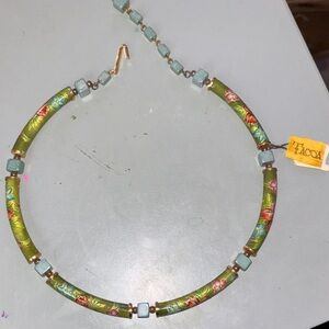 Vtg ceramic floral Green and Blue Beaded Necklace by Tacoa